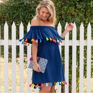 Escapada Living Monica Dress Boho Tassel Large Navy Hot Pink Palm Print Beachy